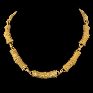 Monet Necklace Bamboo Link 17&quot; Short Choker Length Textured Gold Tone Hook Extender Statement Vintage 1980s