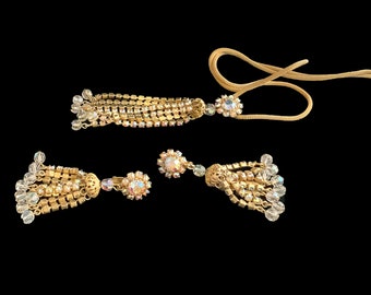Tassel Pendant Necklace Earrings Demi Parure Unsigned Alice Caviness 1950s 1960s Gold Tone Mesh AB Crystal Rhinestones Beads Comfort Clip