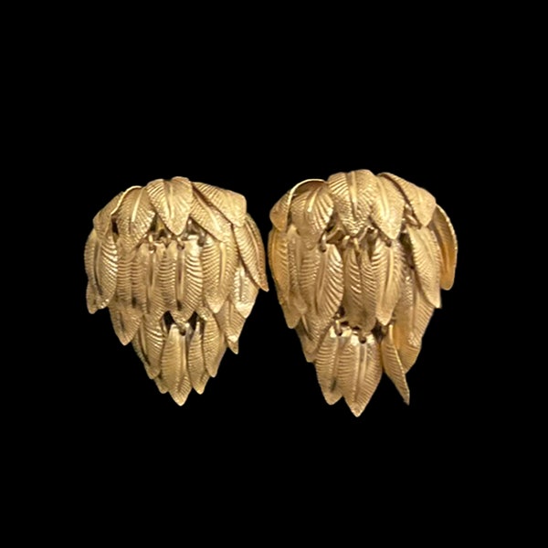 Napier Doris Day Earrings Die Stamped Leaves Clip On Gold Tone Rare Book Piece Eugene Bertolli Statement Vintage 1950s