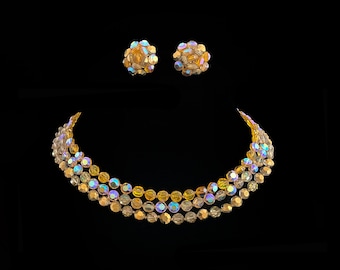 Vintage 1950s Necklace Earrings 1960s Triple Strand Demi Parure Signed Vogue Topaz Crystal Beads Light Colorado Smoked Aurora Borealis AB