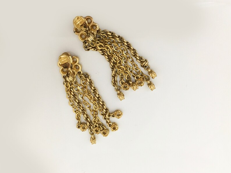 Vintage 1970s Monet Tassel Chain Dangle Earrings Gold Tone Flower Shoulder Duster 2 14