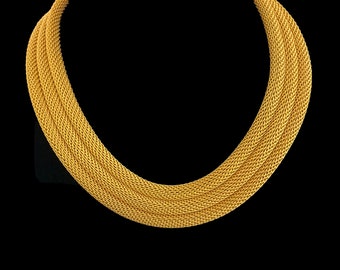 Vintage Necklace Monet Mesh Gold Tone Modernist Triple Strand Nested Tubes Flexible Statement Runway 1980s Toggle Clasp