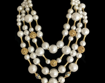 50s Faux Baroque Pearl Necklace: Multi-strand Filigree Beads AB Glass Vintage 60s Gold Tone Leaves Branch Mid-Century