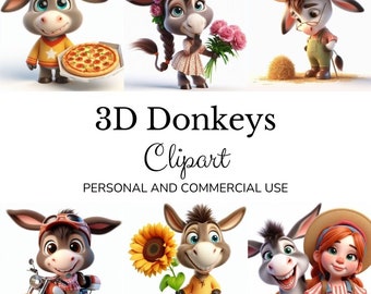 3D donkey clipart, 68 cute donkey illustrations, whimsical animal clipart.  Cute clipart. Vector clipart. Graphics. Illustrations