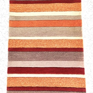Handmade Wool Area Rug: Stripe Design, Grey Brown Multi Color