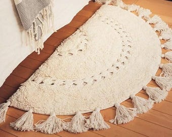 Bath Mat-Hand Made- 100% Cotton- Ultra Soft and Absorbent- Shaggy Rugs-Pure Cotton Mats- Natural-Cotton Rug-Semi Circle Mat-Eco Friendly
