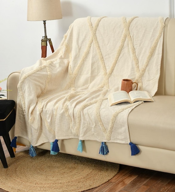 Creme Baumwolle Überwurf: Handgetuftete Boho Sofa Decke (130x60 inches)