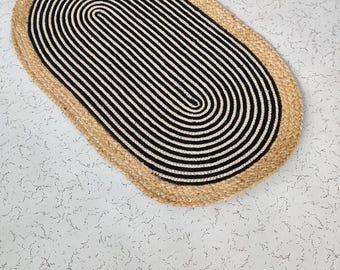 Jute Rug-Cotton Mat-Hand Made 100% Cotton Ultra Soft and Absorbent Floor Rugs Cotton Mats-Natural Rug-Machine Washable Oval Mat-Eco Friendly
