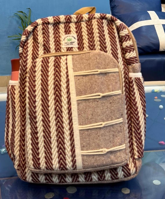 Natural Hemp Striped Backpack Hand Hemp school backpack Striped Boho Rucksack Travel  main image 2