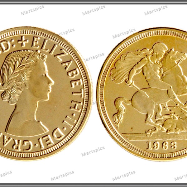 Sovereign Restrike 1963 Queen Elizabeth II  REPLICA Gold Plated Full Sovereign Coin.  Proof Quality Coin. Replicated Copy Collectable NEW