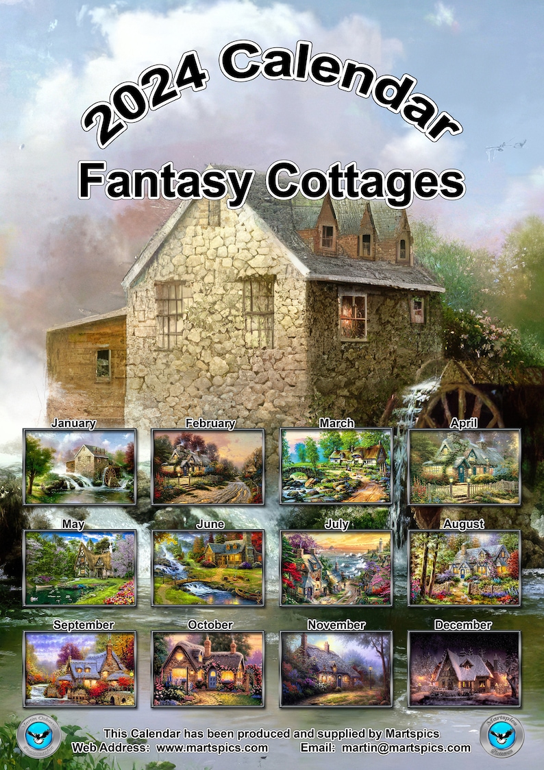 Kalender 2024 Jahreskalender Fantasy Cottages 14 Vollglanz Seiten