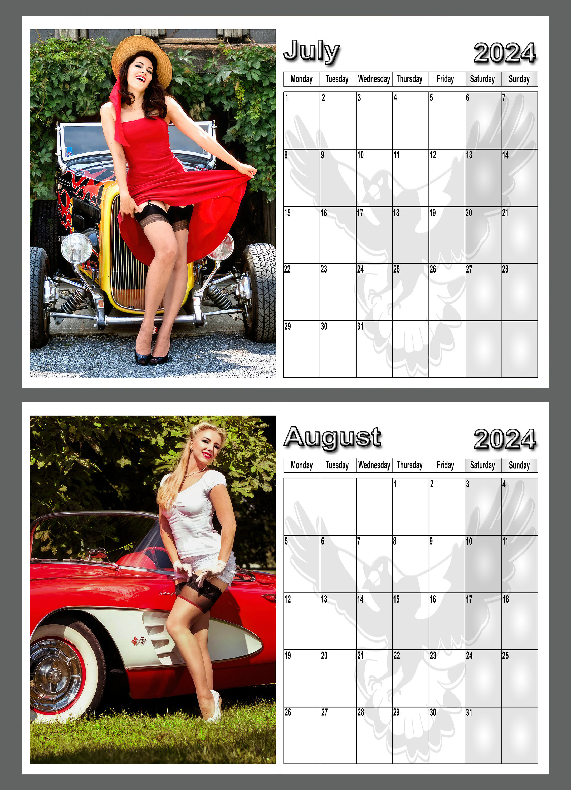 Calendrier 2024 années 1950, vraies pin-ups avec des voitures, 14 pages  brillantes au format A4, agenda annuel mensuel, sexy jolie fille bas -   Canada