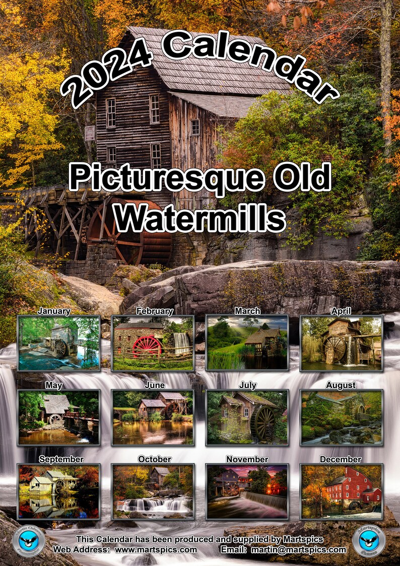 Watermill Calendar 2024 Yearly Calendar Picturesque Old Etsy UK