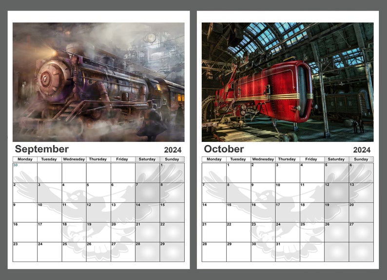 Calendar 2024 Yearly Calendar Steampunk Train Pictures 14 Full Etsy