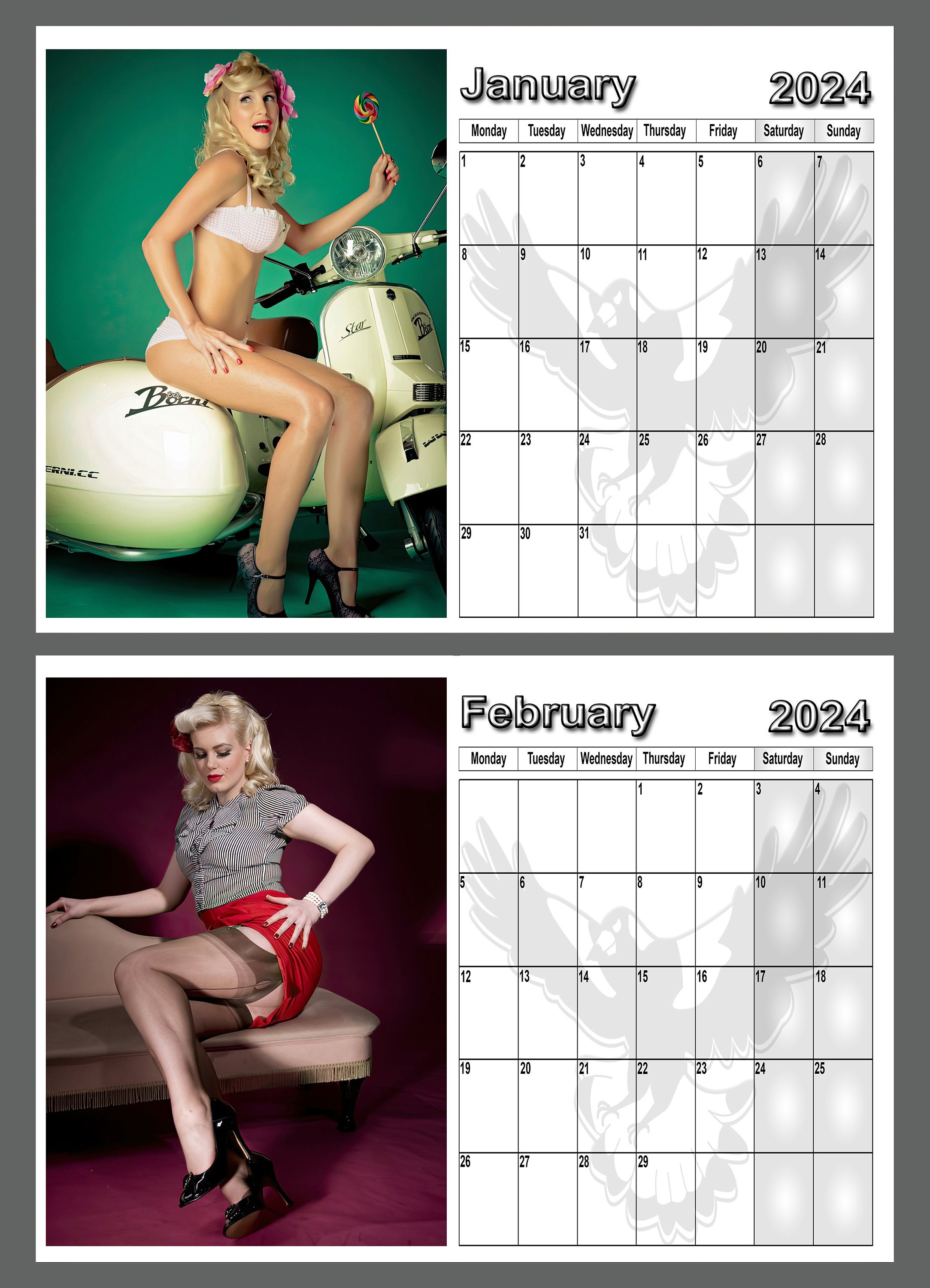 Calendar 2024 1950s Retro Style Real Pin up Girls 14 Full A4 Size