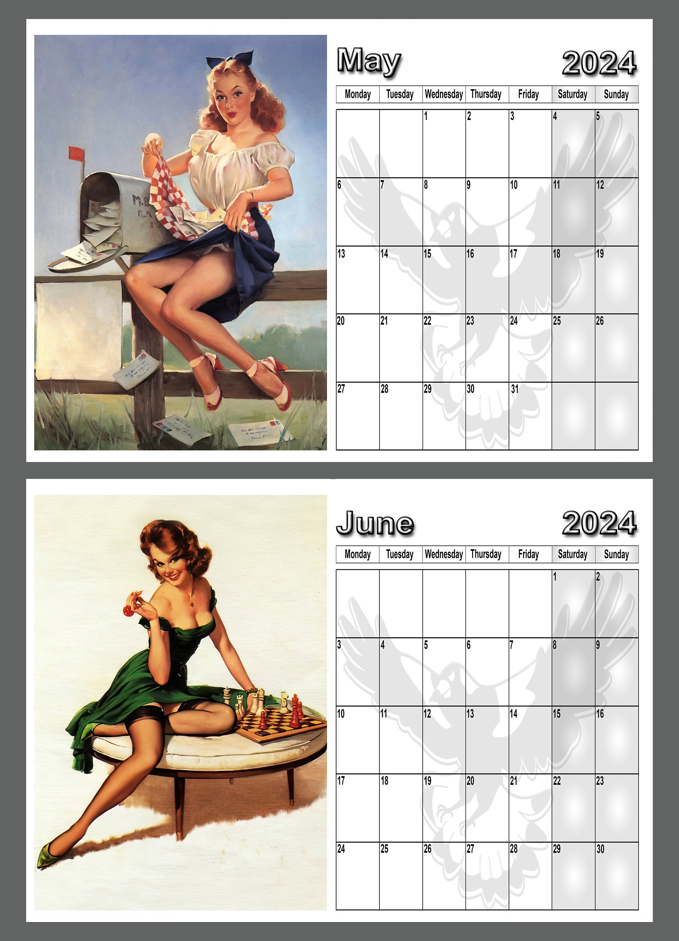 Calendar 2024 1950s Pin up Girls. 14 Full A4 Size Gloss Pages