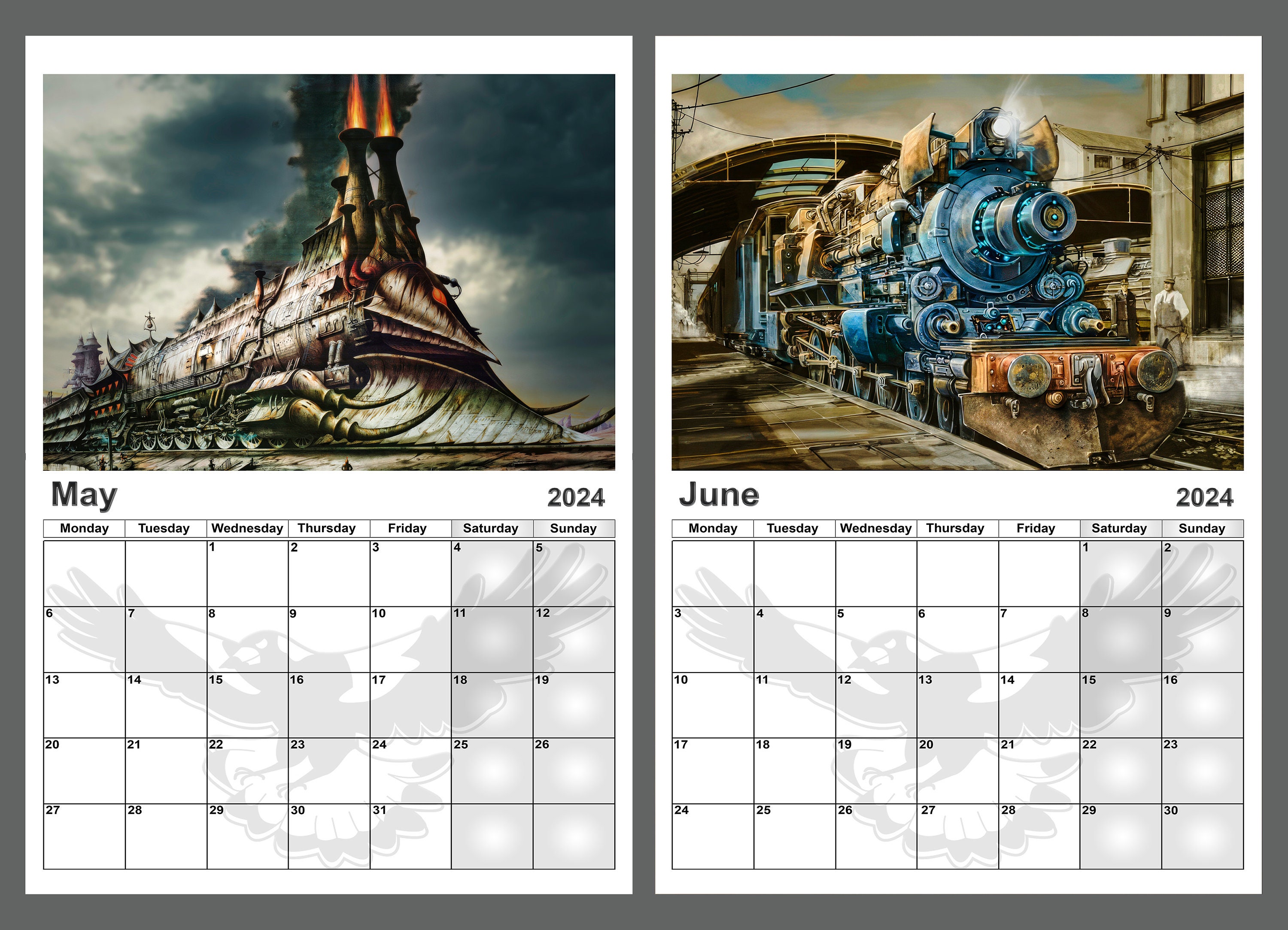 Calendar 2024 Yearly Calendar Steampunk Train Pictures 14 Full Etsy
