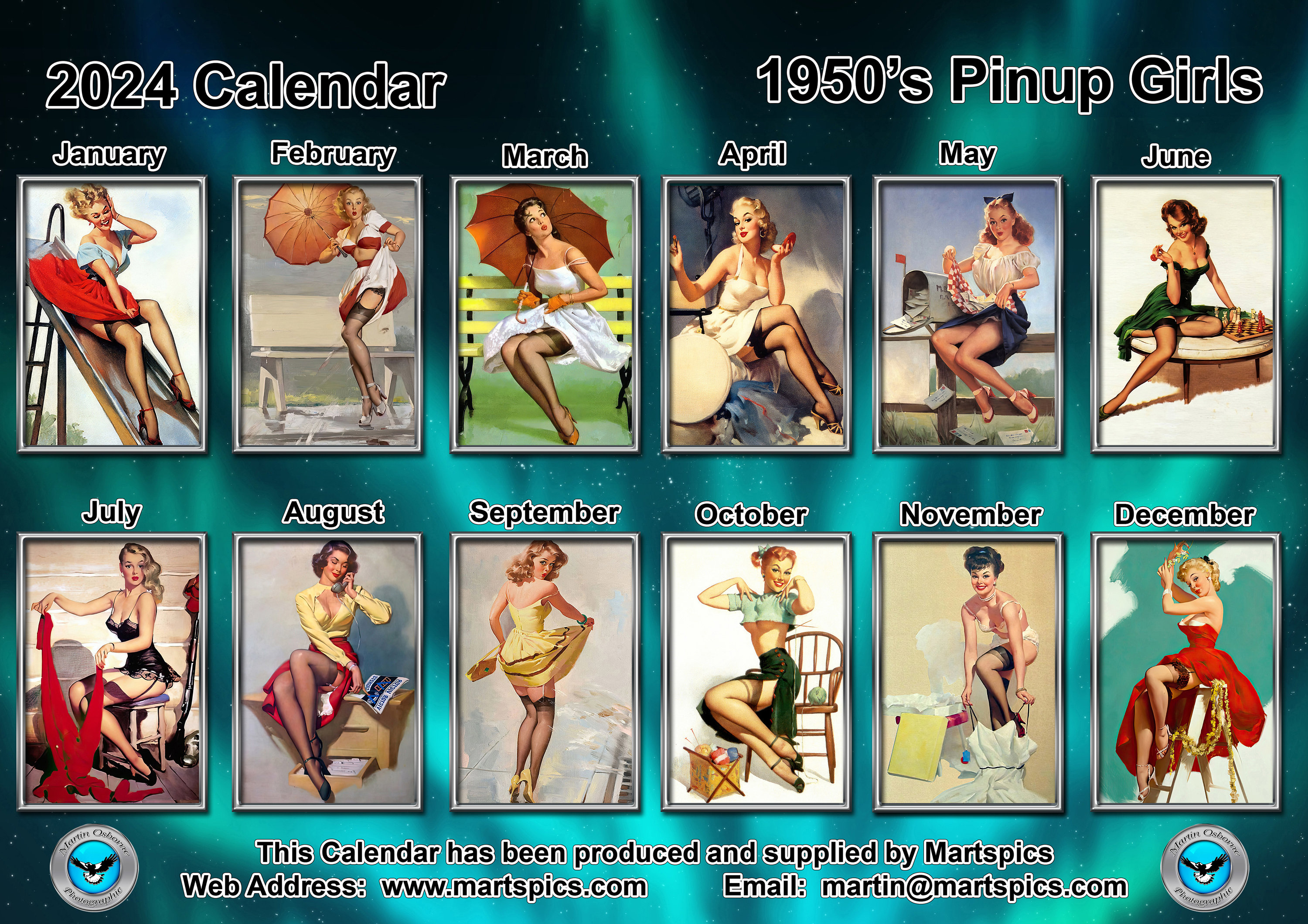 Calendrier 2024 Pin Up Girls des années 1950. Agenda mensuel