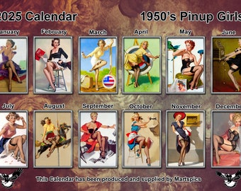 Calendar 2025 1950’s Pin Up Girls. 14 Full A4 Size Gloss Pages Annual Monthly Planner NEW Fantasy Sexy Beautiful Retro Girl Model Stockings