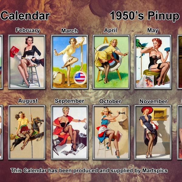 Calendrier 2025 Pin Up Girls des années 50. Agenda mensuel annuel de 14 pages brillantes au format A4 NOUVEAU fantaisie sexy belle fille rétro modèle bas