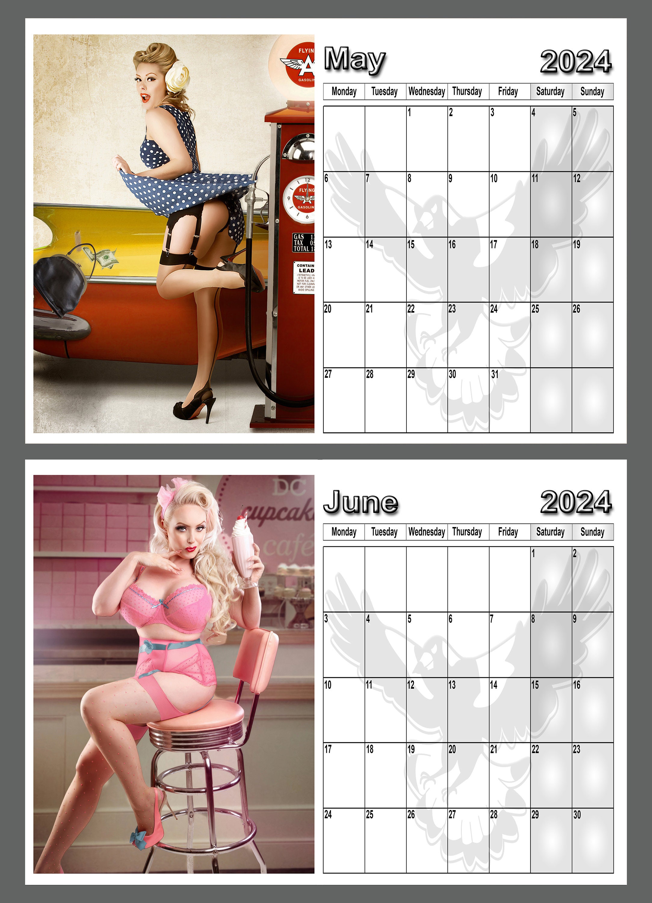 Calendar 2024 1950s Retro Style Real Pin up Girls 14 Full A4 Size
