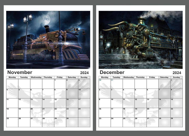 Calendar 2024 Yearly Calendar Steampunk Train Pictures 14 Full Etsy