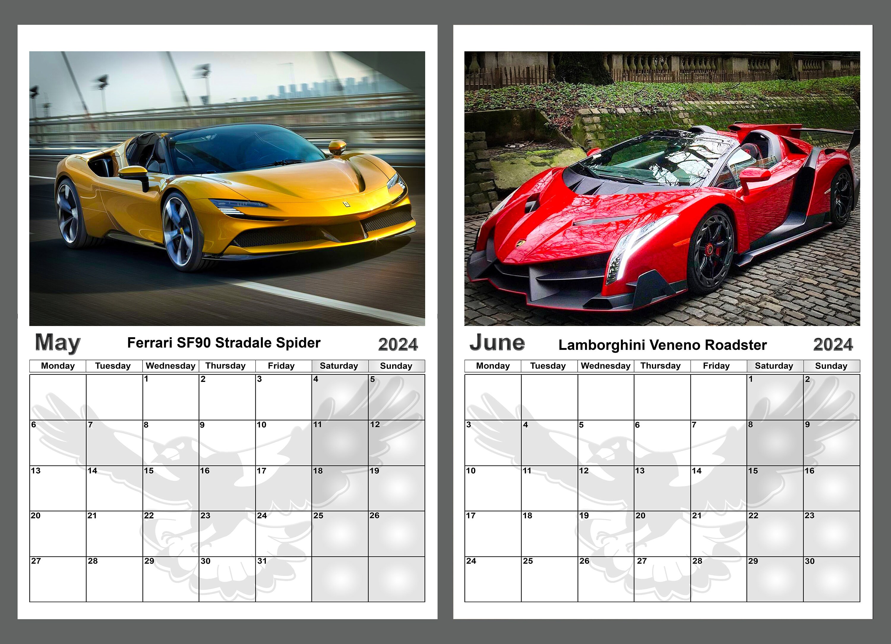 Calendar 2024 Yearly Calendar Luxury Sports Cars 14 Full Gloss A4 Size