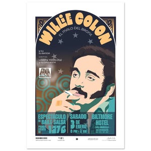 Puede incluir: Un cartel de concierto vintage para Willie Colón, "El Malo del Bronx", con una ilustración colorida de él fumando un cigarrillo. El cartel anuncia un evento de baile de salsa en el Hotel Biltmore de Los Ángeles el 3 de enero de 1976.