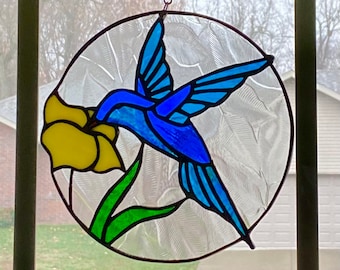 Stained Glass Hummingbird and Yellow Flower