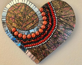 Original Stained Glass Heart Mosaic Panel - Red Van Gogh Glass, Beads, and Mirror