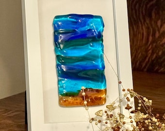 Fused Glass “Contoured Colors of the Sea” in White Frame
