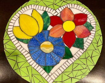 Stained Glass Round Mosaic Panel - Flowers of the Heart