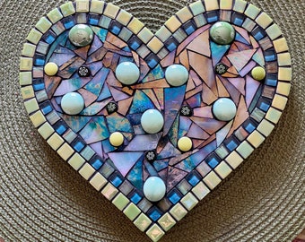 Original Stained Glass Heart Mosaic Panel - Greens and Blues with Iridescent Glass