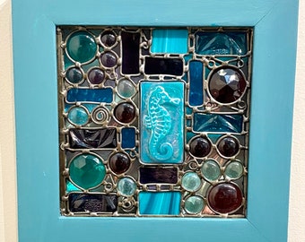 Seahorse Spectacular - Stained Glass Original Leaded Mosaic Design of Teal & Purple w/ Teal Frame