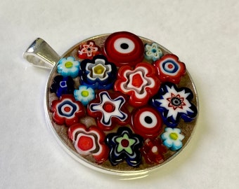 Handmade Mosaic Pendant, Mosaic Jewelry, Wearable Art, Round Design of Millefiori Glass