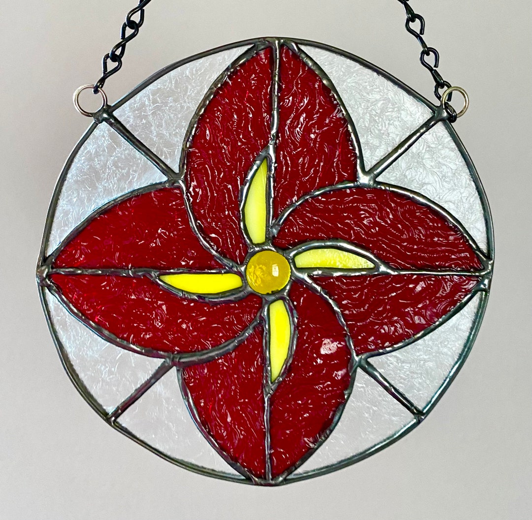Stained Glass Window Suncatcher Abstract Round Red and Yellow Flower