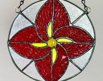 Stained Glass Window Suncatcher - Abstract Round Red and Yellow Flower Panel