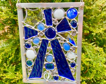 Original Square Stained Glass Leaded Mosaic Panel in Blue, White and Clear