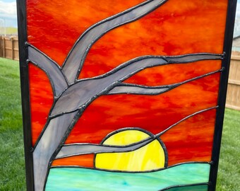 Stained Glass Birch Tree Sunrise Panel