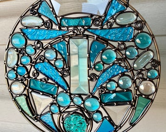 Original Stained Glass Leaded Mosaic Round Panel in Aquamarine, Turquoise & Teal