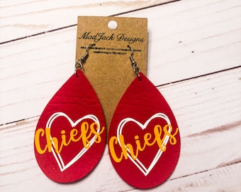 Red chiefs faux leather earrings, gift for chiefs fan, gift for kansas city fan, gift for football fan, gift for women