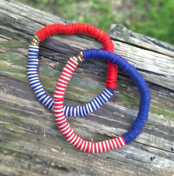 Blue + Red and White Polymer Clay Bracelet
