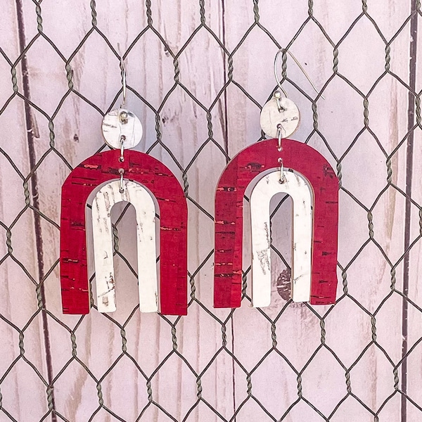 Red & white cork on genuine leather team spirit rainbow/arch earrings