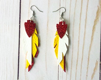 Kansas City feather arrowhead Red and Yellow faux leather earrings, earrings for Chiefs fan, Chiefs earrings