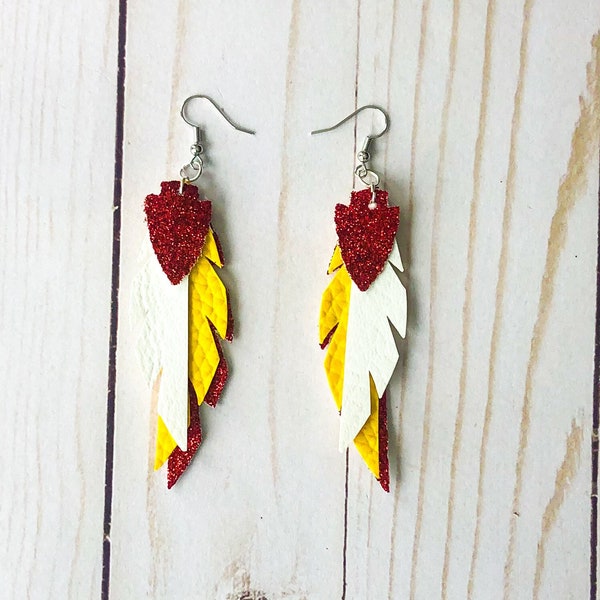 Kansas City feather arrowhead Red and Yellow faux leather earrings, earrings for Chiefs fan, Chiefs earrings