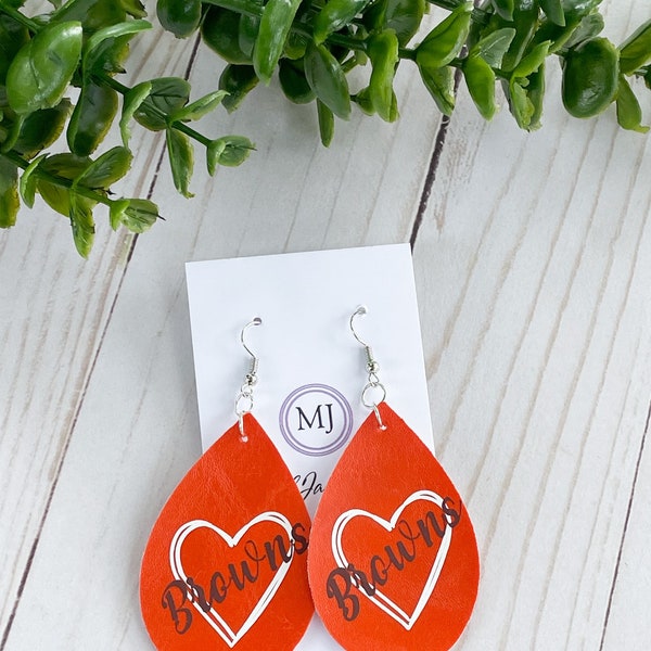 Cleveland team love football faux leather earrings, gift for browns fan, gift for football fan, gift for cleveland fan