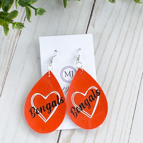 Bengals team love  football faux leather earrings, gift for bengals fans, gift for football fans