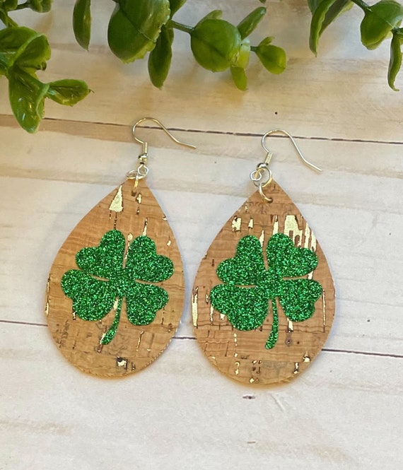 St Patrick’s Day cork earrings, shamrock earrings, st patricks day  earrings, march earrings, st patty's day earrings, shamrock earrings