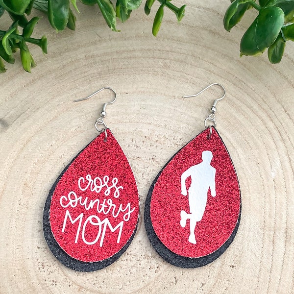 Cross country mom customizable faux leather earrings, gifts for cross country mom, custom earrings, school spirit earrings, wholesale