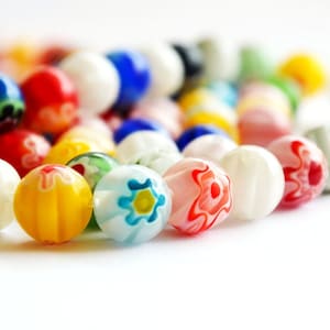 10 mm Floral Beads, Murano Beads , Flower Patterned Murano Glass Colorful Round Beads -Set Of 70 Beads Making Necklace Bracelet  Charm Beads